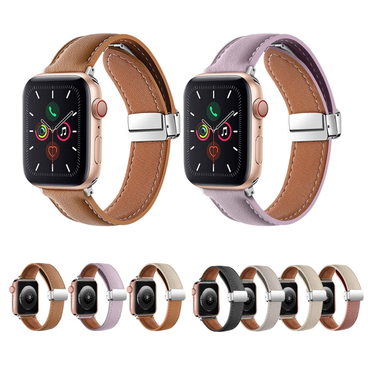 Folding Buckle Genuine Leather Watch Band For Apple Watch Ultra 49mm&Watch Ultra 2 49mm / Series 9&8&7 45mm / SE 3&SE 2&6&SE&5&4 44mm / 3&2&1 42mm(White + Brown) by bashfashion
