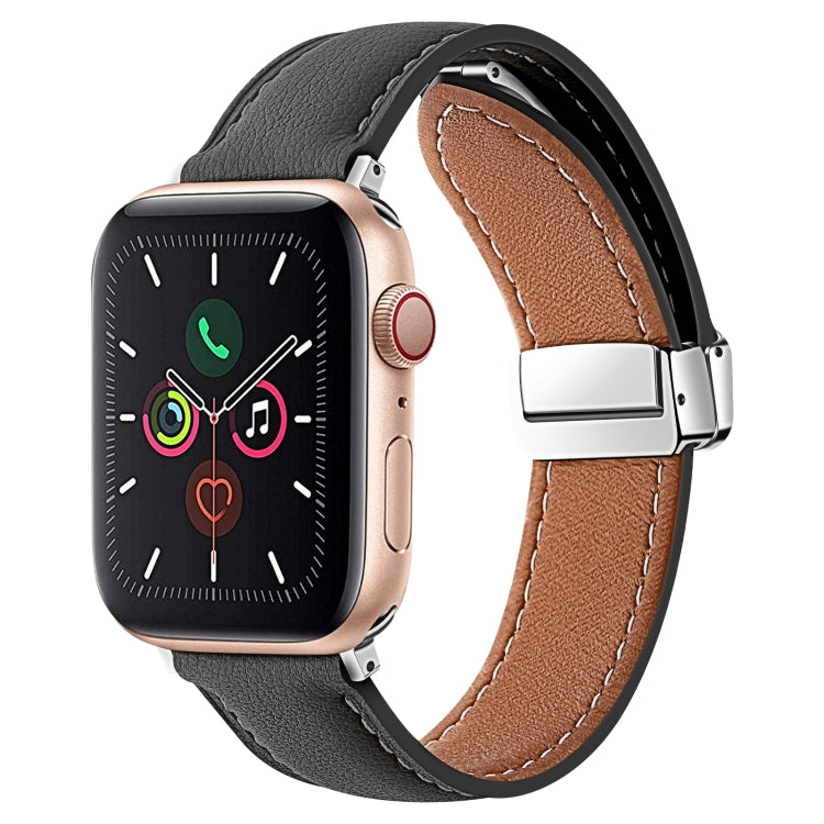Folding Buckle Genuine Leather Watch Band For Apple Watch Series 9&8&7 41mm / SE 3&SE 2&6&SE&5&4 40mm / 3&2&1 38mm(Black) by bashfashion