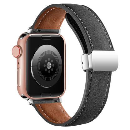 Folding Buckle Genuine Leather Watch Band For Apple Watch Series 9&8&7 41mm / SE 3&SE 2&6&SE&5&4 40mm / 3&2&1 38mm(Black) by bashfashion