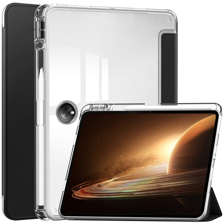 For OPPO Pad 2 Clear Back Cover 3-Fold Leather Smart Tablet Case(Black) by bashfashion