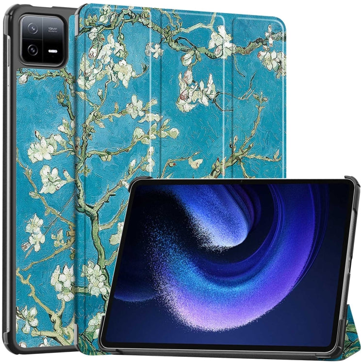For Xiaomi Pad 6 / 6 Pro Custer Painted 3-Fold Stand Leather Smart Tablet Case(Apricot Blossom) by bashfashion