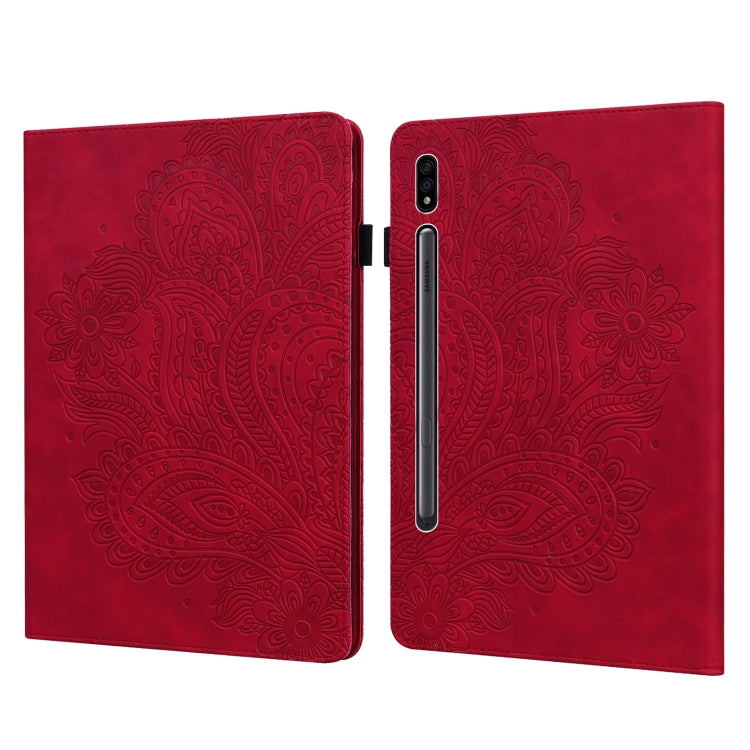 For Samsung Galaxy Tab S9 / S9 FE Peacock Embossed Pattern Leather Tablet Case(Red) by bashfashion