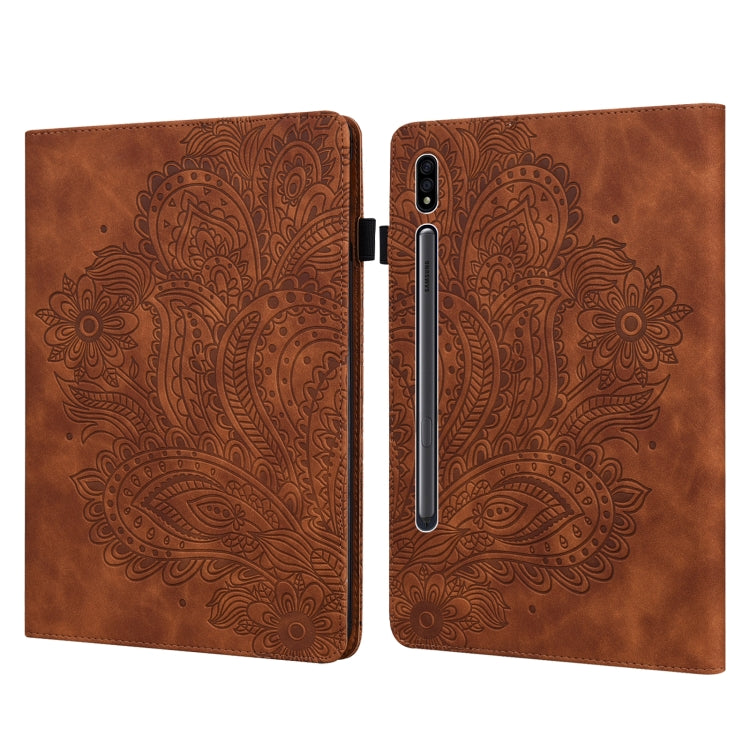 For Samsung Galaxy Tab S9 / S9 FE Peacock Embossed Pattern Leather Tablet Case(Brown) by bashfashion