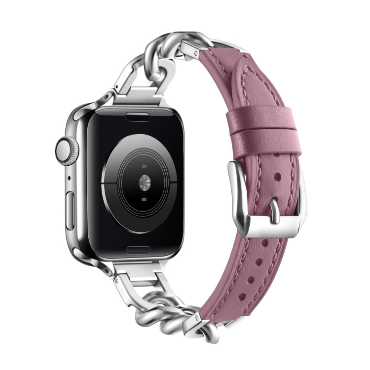 Chain Genuine Leather Watch Band For Apple Watch Ultra 49mm&Watch Ultra 2 49mm / Series 9&8&7 45mm / SE 3&SE 2&6&SE&5&4 44mm / 3&2&1 42mm, Size:S(Bean Paste) by bashfashion