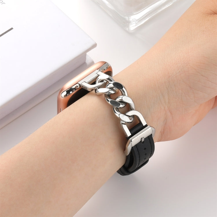 Chain Genuine Leather Watch Band For Apple Watch Ultra 49mm&Watch Ultra 2 49mm / Series 9&8&7 45mm / SE 3&SE 2&6&SE&5&4 44mm / 3&2&1 42mm, Size:S(Black) by bashfashion