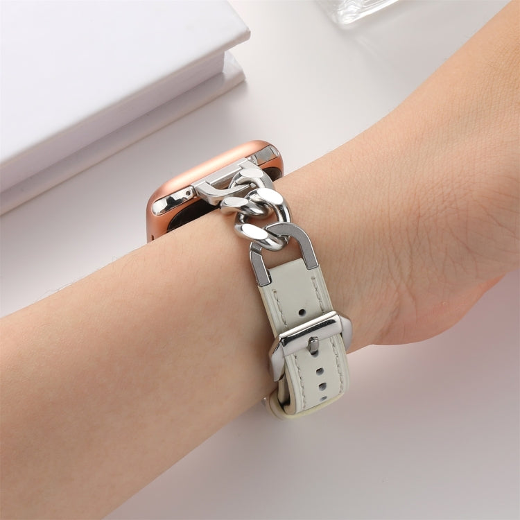 Chain Genuine Leather Watch Band For Apple Watch Ultra 49mm&Watch Ultra 2 49mm / Series 9&8&7 45mm / SE 3&SE 2&6&SE&5&4 44mm / 3&2&1 42mm, Size:S(Beige) by bashfashion