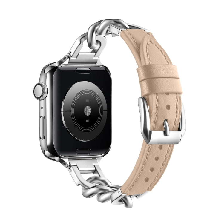 Chain Genuine Leather Watch Band For Apple Watch Ultra 49mm&Watch Ultra 2 49mm / Series 9&8&7 45mm / SE 3&SE 2&6&SE&5&4 44mm / 3&2&1 42mm, Size:S(Apricot) by bashfashion