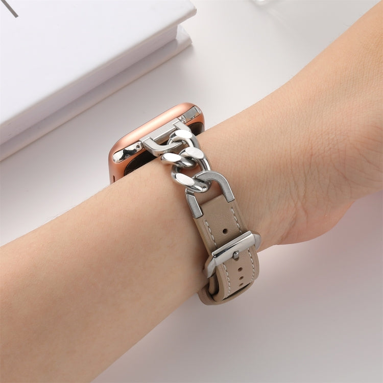 Chain Genuine Leather Watch Band For Apple Watch Ultra 49mm&Watch Ultra 2 49mm / Series 9&8&7 45mm / SE 3&SE 2&6&SE&5&4 44mm / 3&2&1 42mm, Size:S(Apricot) by bashfashion