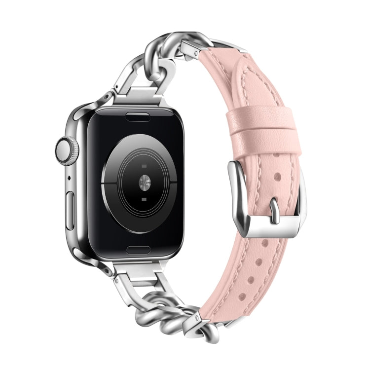 Chain Genuine Leather Watch Band For Apple Watch Ultra 49mm&Watch Ultra 2 49mm / Series 9&8&7 45mm / SE 3&SE 2&6&SE&5&4 44mm / 3&2&1 42mm, Size:L(Pink) by bashfashion