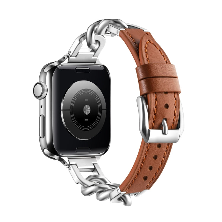 Chain Genuine Leather Watch Band For Apple Watch Ultra 49mm&Watch Ultra 2 49mm / Series 9&8&7 45mm / SE 3&SE 2&6&SE&5&4 44mm / 3&2&1 42mm, Size:L(Brown) by bashfashion