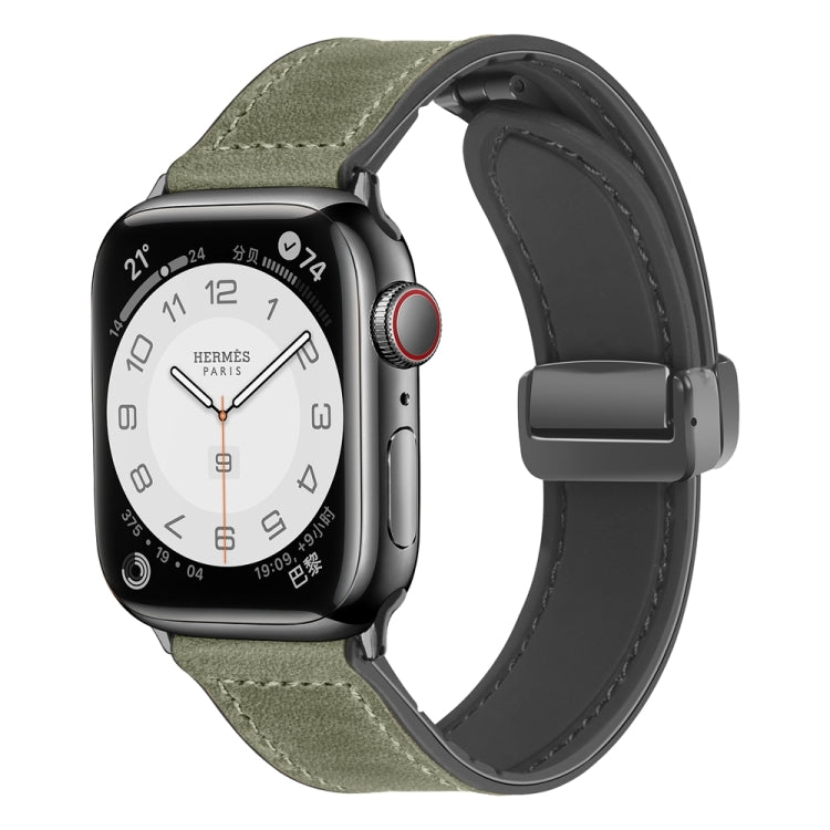 Magnetic Folding Silicone Leather Watch Band For Apple Watch Ultra 49mm&Watch Ultra 2 49mm / Series 9&8&7 45mm / SE 3&SE 2&6&SE&5&4 44mm / 3&2&1 42mm (Army Green) by bashfashion