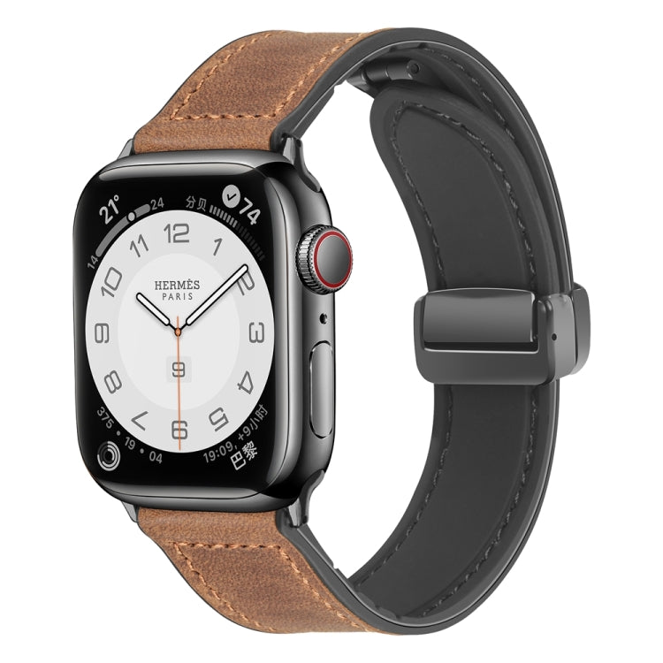 Magnetic Folding Silicone Leather Watch Band For Apple Watch Ultra 49mm&Watch Ultra 2 49mm / Series 9&8&7 45mm / SE 3&SE 2&6&SE&5&4 44mm / 3&2&1 42mm (Dark Brown) by bashfashion