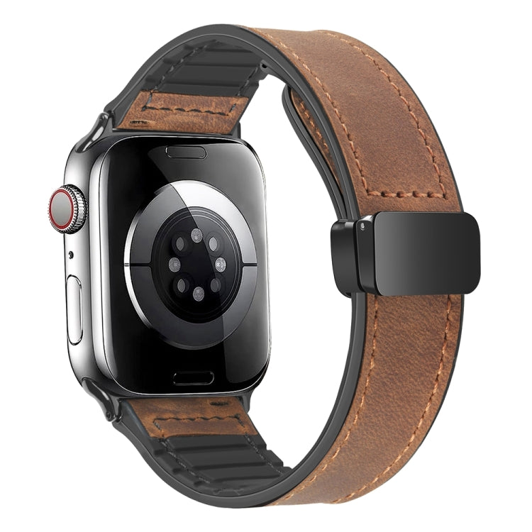 Magnetic Folding Silicone Leather Watch Band For Apple Watch Ultra 49mm&Watch Ultra 2 49mm / Series 9&8&7 45mm / SE 3&SE 2&6&SE&5&4 44mm / 3&2&1 42mm (Dark Brown) by bashfashion