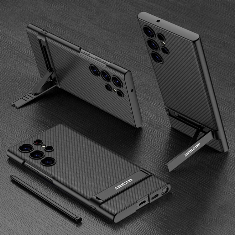 For Samsung Galaxy S23 Ultra 5G GKK Triumph Ultra-Thin Plain Leather Phone Case with Holder(Carbon Fiber) by GKK