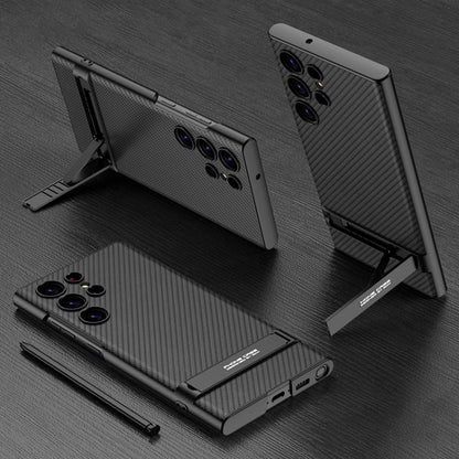 For Samsung Galaxy S23 Ultra 5G GKK Triumph Ultra-Thin Plain Leather Phone Case with Holder(Carbon Fiber) by GKK