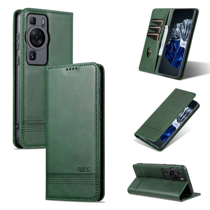 For Huawei P60 / P60 Pro AZNS Magnetic Calf Texture Flip Leather Phone Case(Dark Green) by AZNS