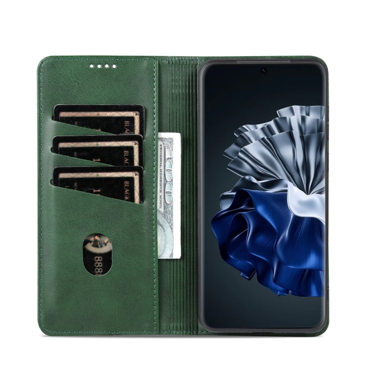 For Huawei P60 / P60 Pro AZNS Magnetic Calf Texture Flip Leather Phone Case(Dark Green) by AZNS