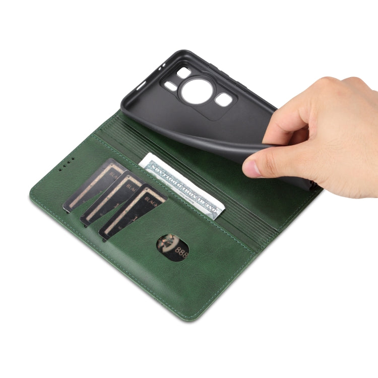 For Huawei P60 / P60 Pro AZNS Magnetic Calf Texture Flip Leather Phone Case(Dark Green) by AZNS