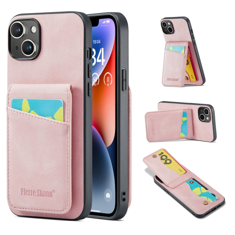 For iPhone 14 Plus Fierre Shann Crazy Horse Card Holder Back Cover PU Phone Case(Pink) by FIERRE SHANN