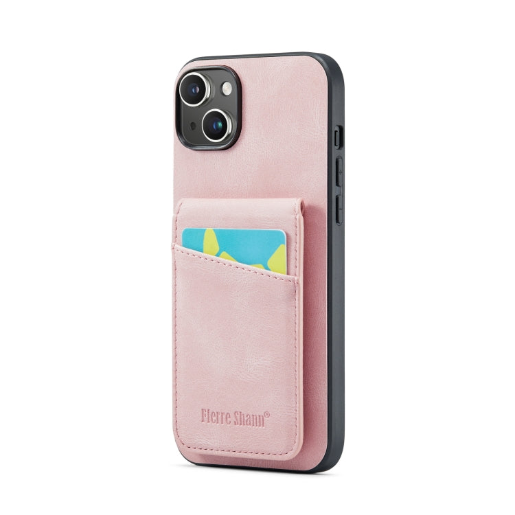 For iPhone 14 Plus Fierre Shann Crazy Horse Card Holder Back Cover PU Phone Case(Pink) by FIERRE SHANN