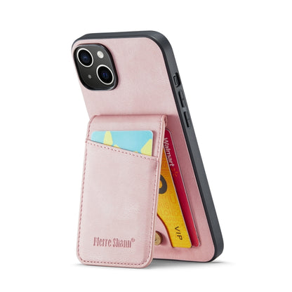 For iPhone 14 Plus Fierre Shann Crazy Horse Card Holder Back Cover PU Phone Case(Pink) by FIERRE SHANN