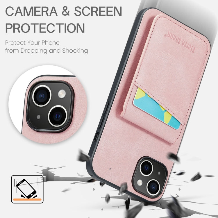For iPhone 14 Plus Fierre Shann Crazy Horse Card Holder Back Cover PU Phone Case(Pink) by FIERRE SHANN