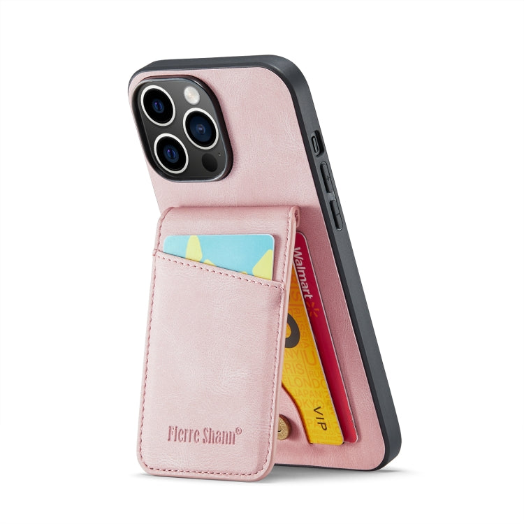 For iPhone 14 Pro Fierre Shann Crazy Horse Card Holder Back Cover PU Phone Case(Pink) by FIERRE SHANN