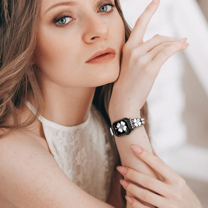 For Apple Watch 8 45mm Petal Metal Diamond Watch Band(Black+White) by bashfashion