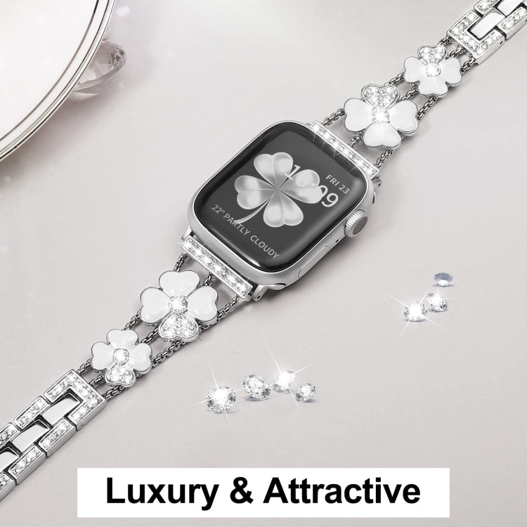 For Apple Watch 7 41mm Petal Metal Diamond Watch Band(Sliver+White) by bashfashion