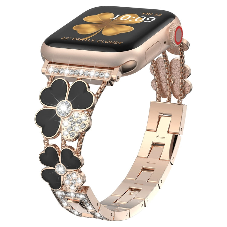 For Apple Watch 5 44mm Petal Metal Diamond Watch Band(Rose Gold+Black) by bashfashion