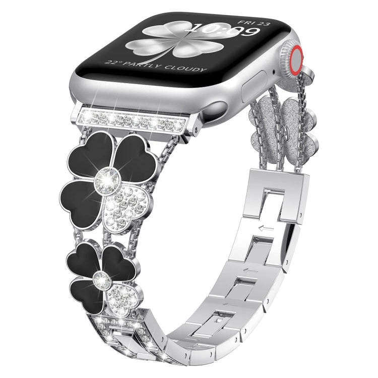 For Apple Watch SE 2023 44mm Petal Metal Diamond Watch Band(Sliver+Black) by bashfashion