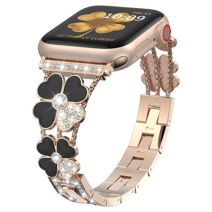 For Apple Watch 9 45mm Petal Metal Diamond Watch Band(Rose Gold+Black) by bashfashion