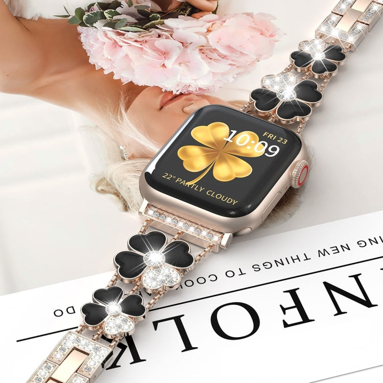 For Apple Watch 9 45mm Petal Metal Diamond Watch Band(Rose Gold+Black) by bashfashion