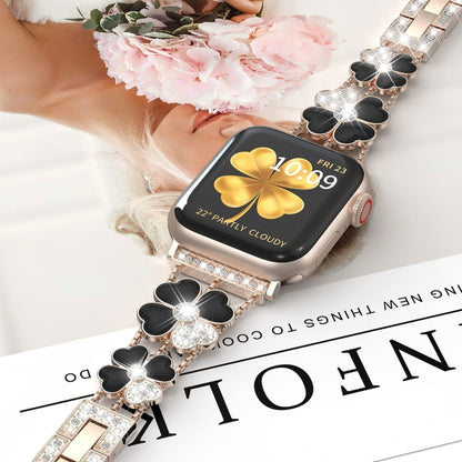 For Apple Watch 9 45mm Petal Metal Diamond Watch Band(Rose Gold+Black) by bashfashion