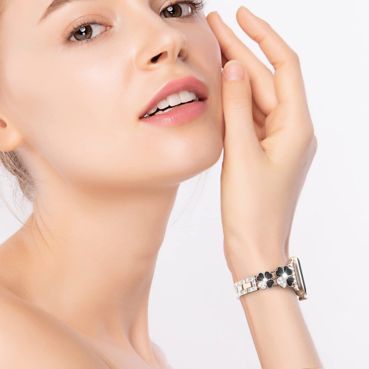 For Apple Watch 9 45mm Petal Metal Diamond Watch Band(Rose Gold+Black) by bashfashion