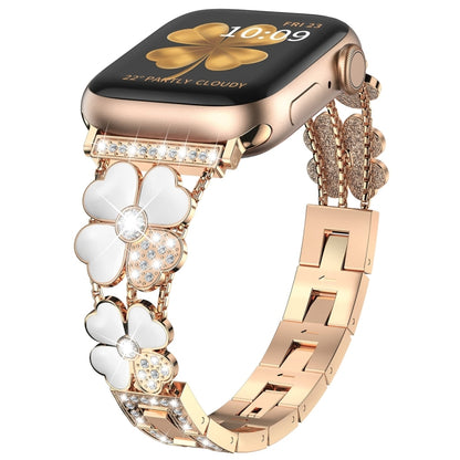 For Apple Watch 9 45mm Petal Metal Diamond Watch Band(Rose Gold+White) by bashfashion