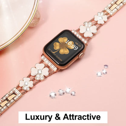 For Apple Watch 9 45mm Petal Metal Diamond Watch Band(Rose Gold+White) by bashfashion