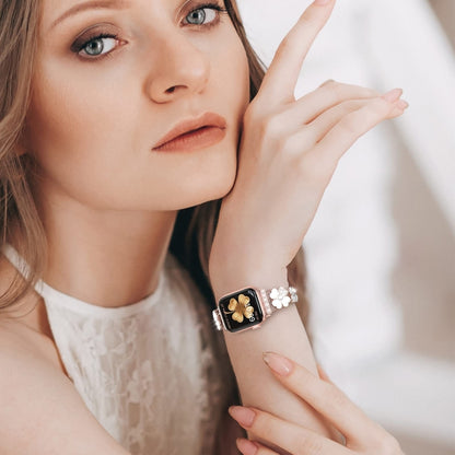 For Apple Watch 9 45mm Petal Metal Diamond Watch Band(Rose Gold+White) by bashfashion