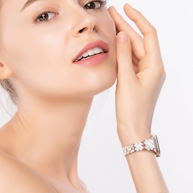 For Apple Watch 9 45mm Petal Metal Diamond Watch Band(Rose Gold+White) by bashfashion