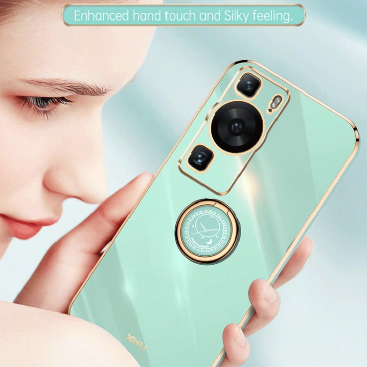 For Huawei P60 XINLI Straight Edge 6D Electroplate TPU Phone Case with Ring Holder(Mint Green) by XINLI