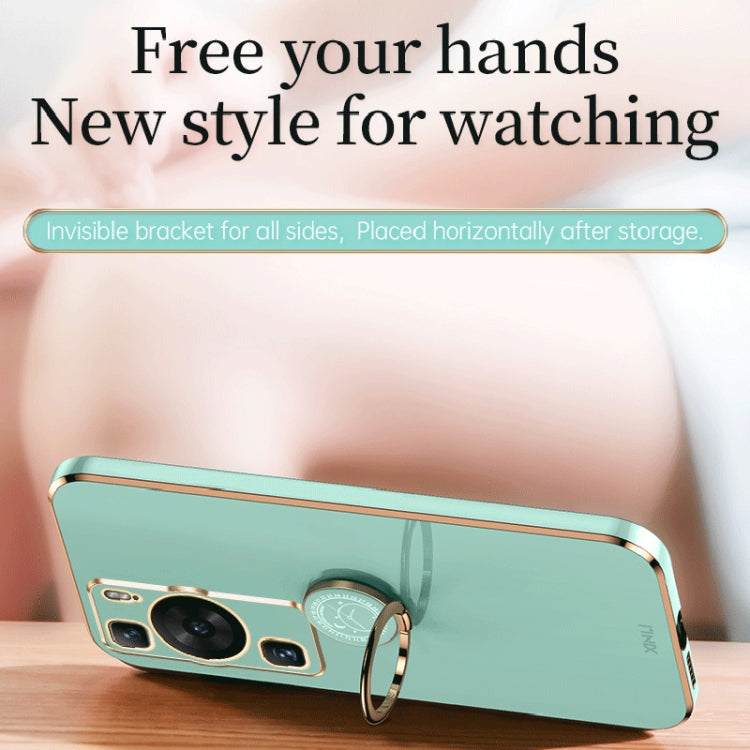 For Huawei P60 XINLI Straight Edge 6D Electroplate TPU Phone Case with Ring Holder(Mint Green) by XINLI