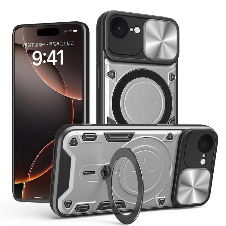 For iPhone 16e CD Texture Sliding Camshield Magnetic Holder Phone Case(Silver) by bashfashion