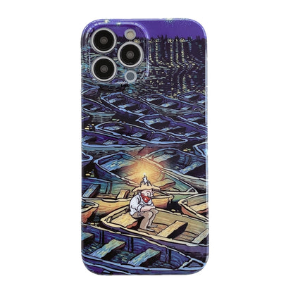 For iPhone 14 Plus Oil Painting Pattern Glossy PC Phone Case(Lonely Boatman) by bashfashion