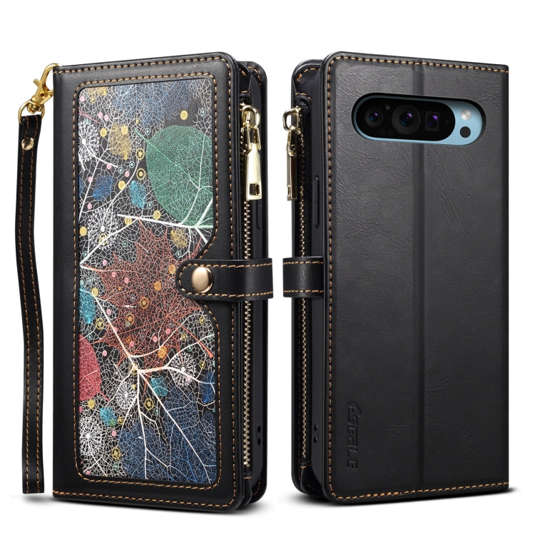 For Google Pixel 9 / 9 Pro ESEBLE Star Series Lanyard Zipper Wallet RFID Leather Case(Black) by ESEBLE