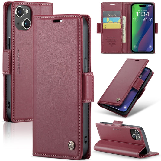 For iPhone 15 Plus CaseMe 023 Butterfly Buckle Litchi Texture RFID Anti-theft Leather Phone Case(Wine Red) by CaseMe