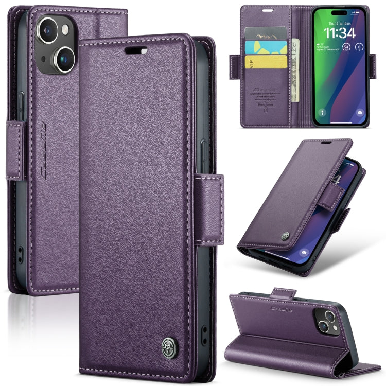 For iPhone 15 Plus CaseMe 023 Butterfly Buckle Litchi Texture RFID Anti-theft Leather Phone Case(Pearly Purple) by CaseMe