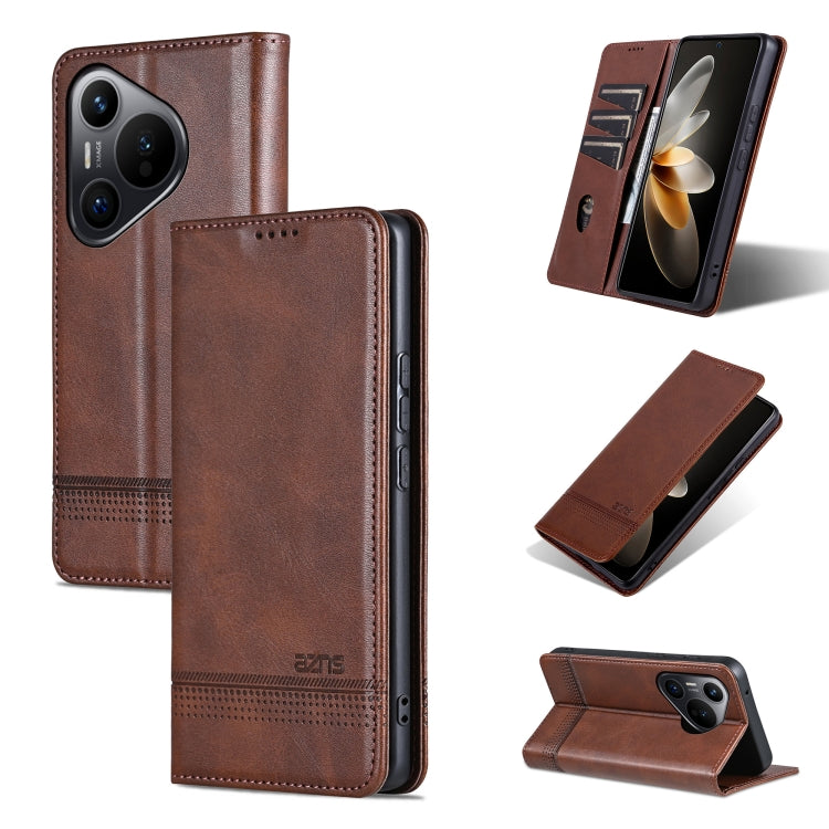 For Huawei Pura 70 AZNS Magnetic Calf Texture Flip Leather Phone Case(Dark Brown) by AZNS