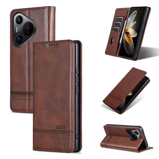 For Huawei Pura 70 AZNS Magnetic Calf Texture Flip Leather Phone Case(Dark Brown) by AZNS