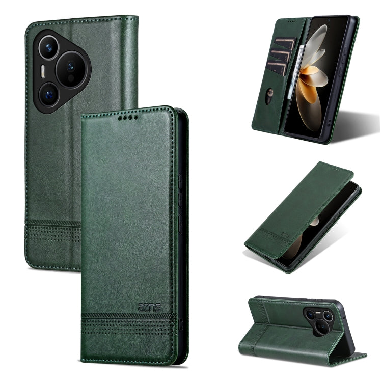 For Huawei Pura 70 Fine Hole AZNS Magnetic Calf Texture Flip Leather Phone Case(Dark Green) by AZNS
