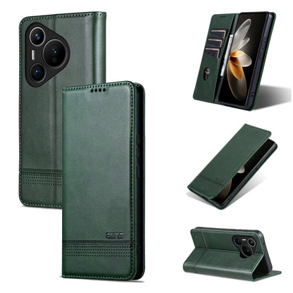 For Huawei Pura 70 Fine Hole AZNS Magnetic Calf Texture Flip Leather Phone Case(Dark Green) by AZNS